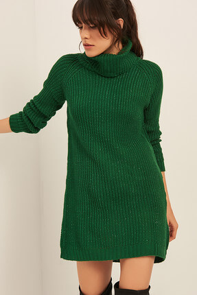 Kadın Yeşil Simli Balıkçı Yaka Tunik Elbise OLA-EL13240