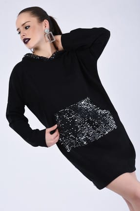 Kadın Siyah Payetli Sweatshirt Elbise SB16