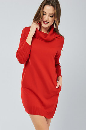 Kadın Kırmızı Degaje Yaka Triko Elbise AG3017