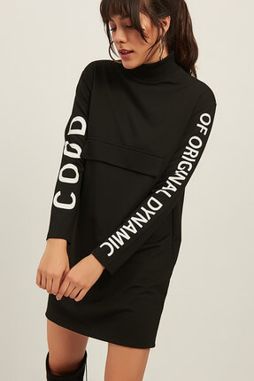 Kadın Siyah Kolu Yazılı Kanguru Cepli Tunik Elbise OLA-EL13325