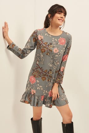 Kadın Multi Eteği Volanlı Çiçekli Elbise OLA-EL13567