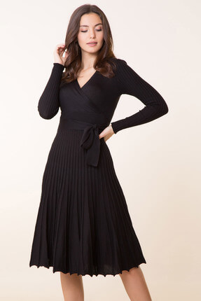 Kadın Siyah Pileli Kurvaze Triko Elbise 9KEL569K126